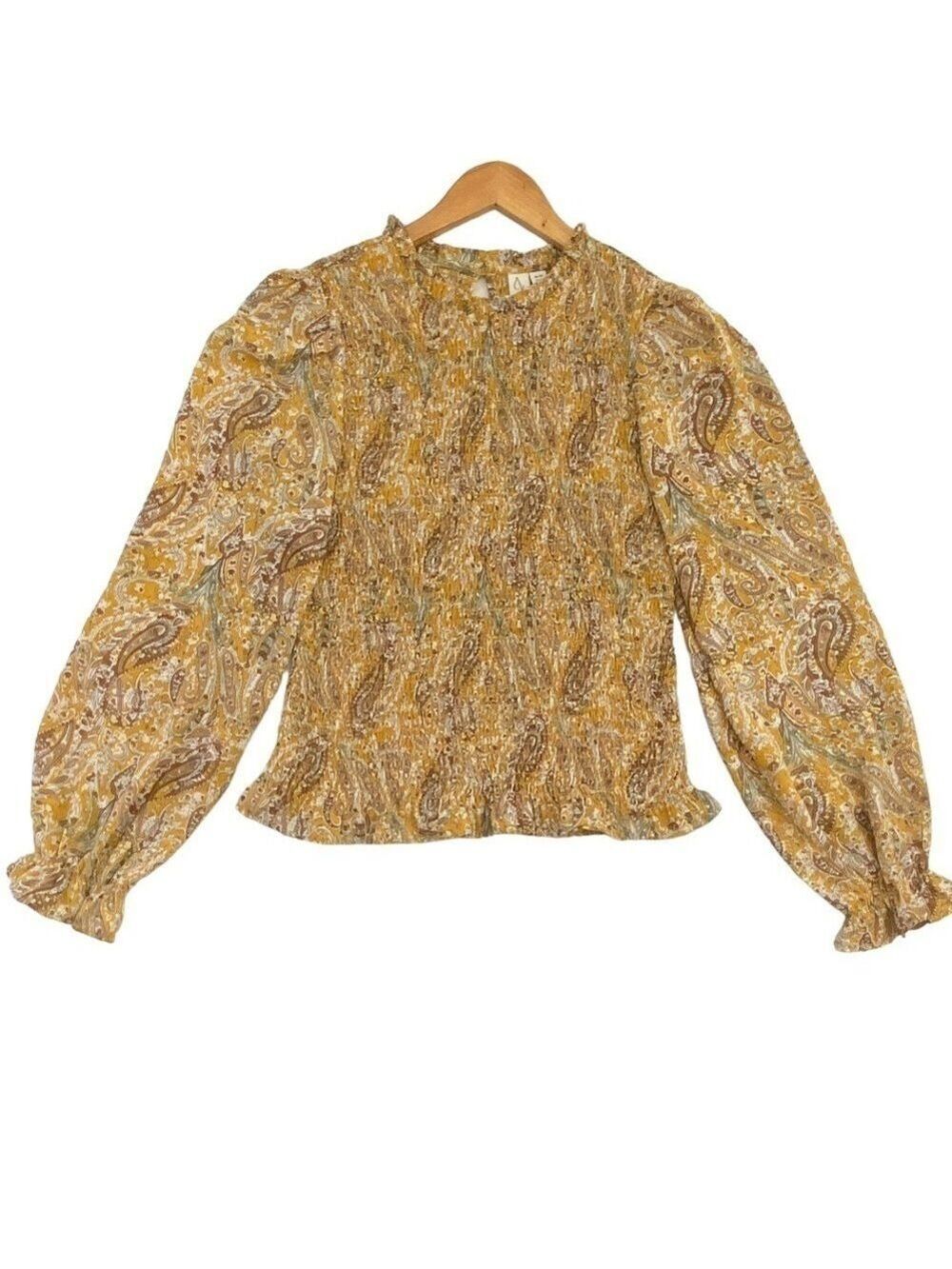Anthropologie Joie smock bodice blouse ballon sleeves yellow white beige medium